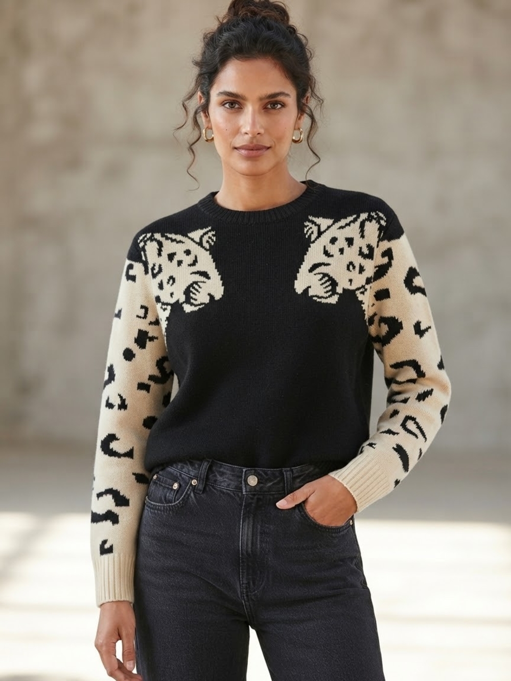 060 - NWT Leopard Crewneck Sweater - Black & Cream (L)